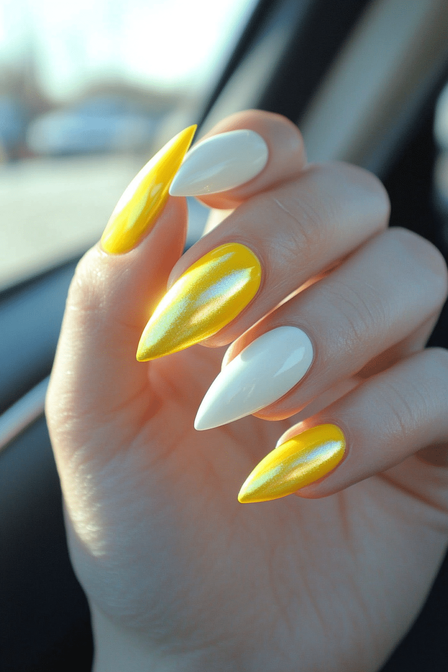 13. Golden Hour Glow (Yellow And White Nail Design Ideas) - Yellow And White Nail Design Ideas