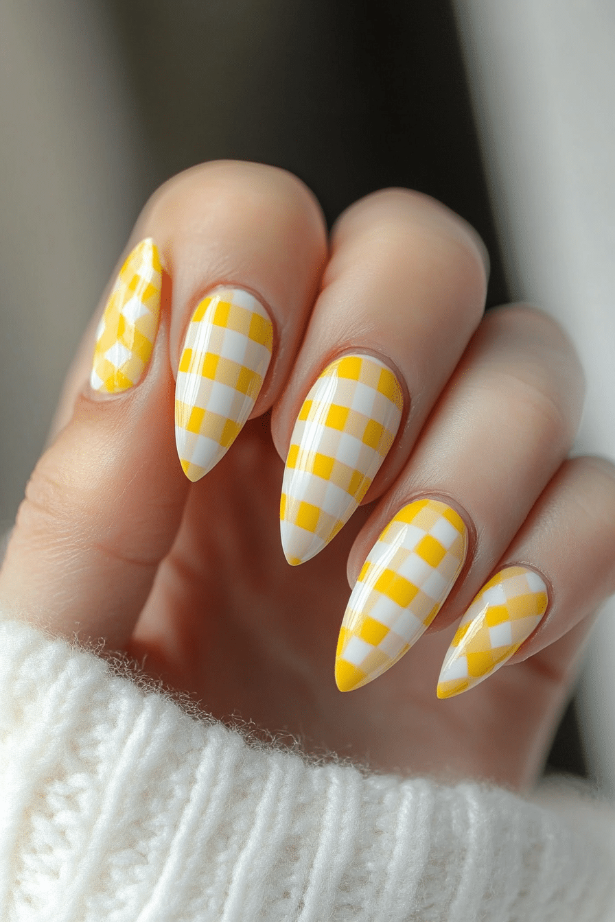 15. Yellow Gingham Chic (Yellow And White Nail Design Ideas) - Yellow And White Nail Design Ideas