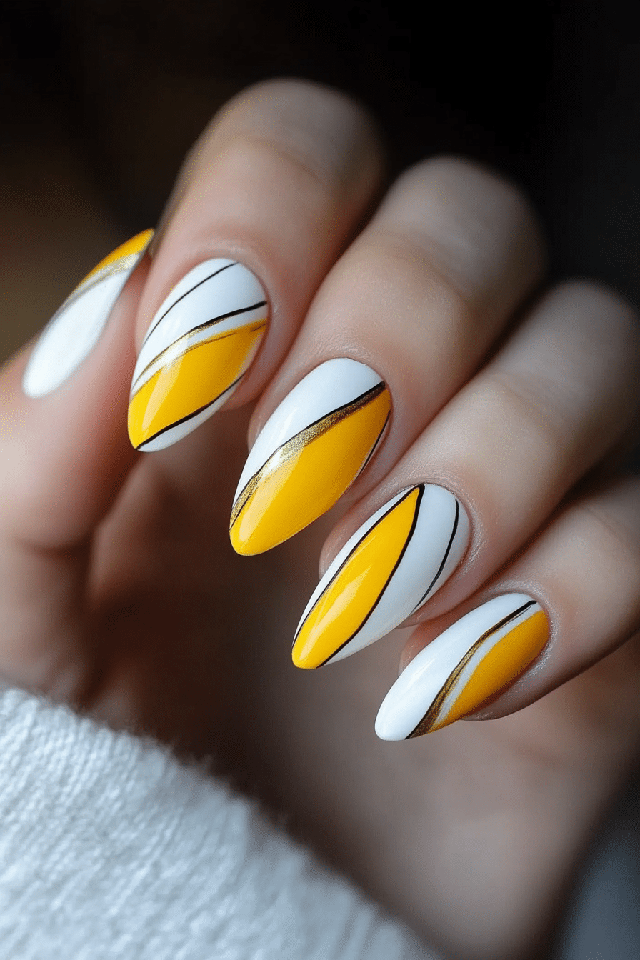 16. Saffron Stripes (Yellow And White Nail Design Ideas) - Yellow And White Nail Design Ideas