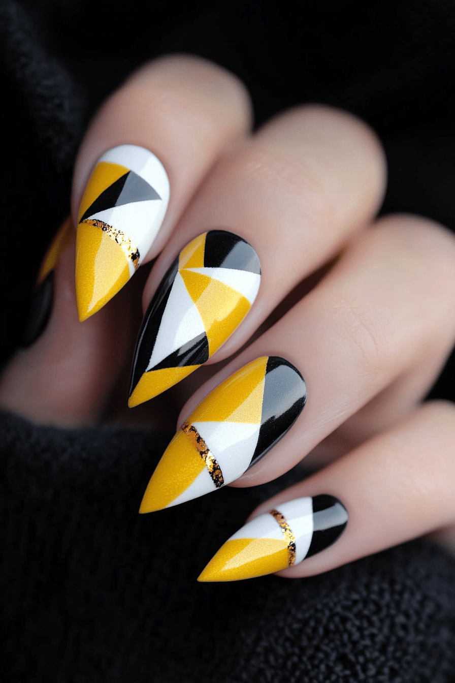 17. Bumble Vibe Geometry (Yellow And White Nail Design Ideas) - Yellow And White Nail Design Ideas