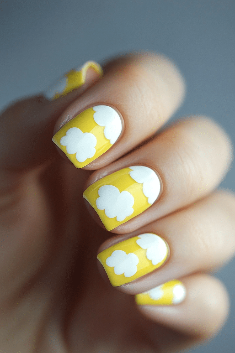 18. Cloud Lemon Sky (Yellow And White Nail Design Ideas) - Yellow And White Nail Design Ideas