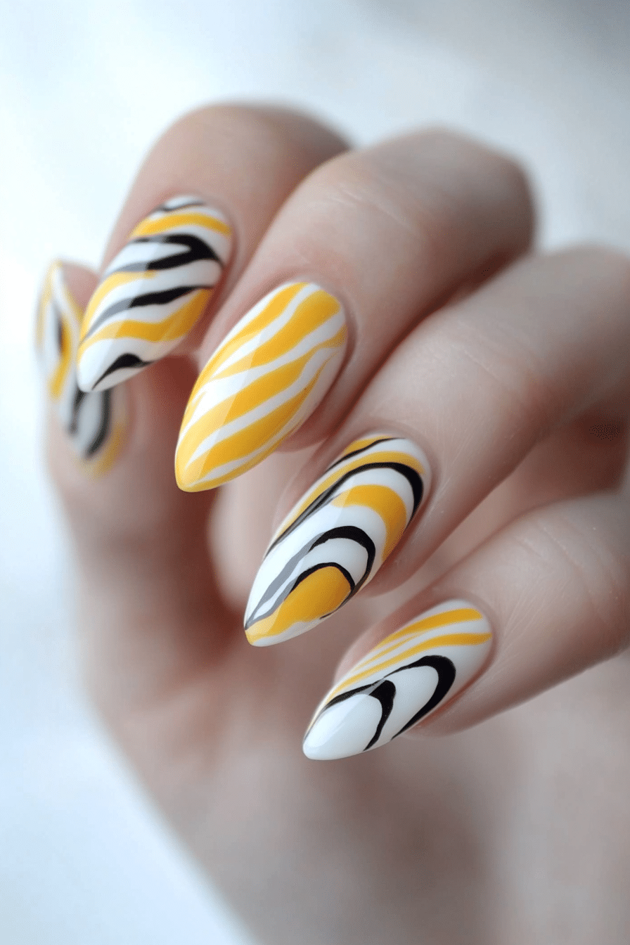 21. Zesty Zebra Lines (Yellow And White Nail Design Ideas) - Yellow And White Nail Design Ideas