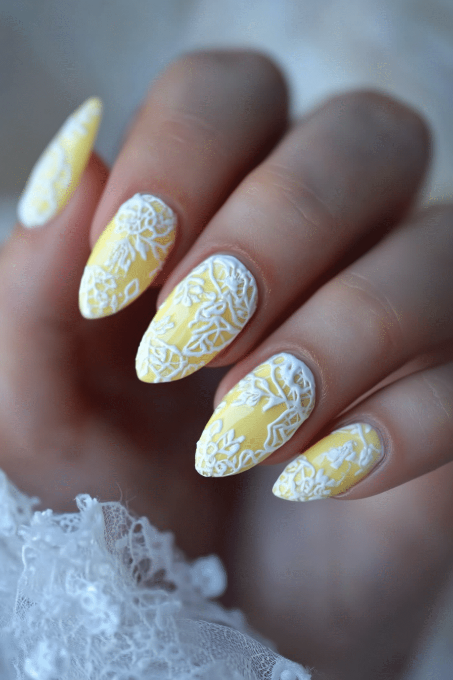 22. Lace Lemon Overlay (Yellow And White Nail Design Ideas) - Yellow And White Nail Design Ideas