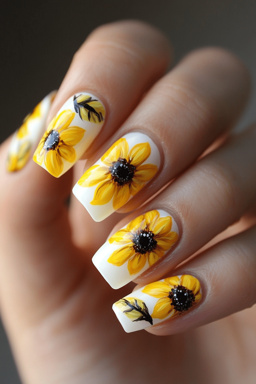 23. Sunflower Muse (Yellow And White Nail Design Ideas) - Yellow And White Nail Design Ideas