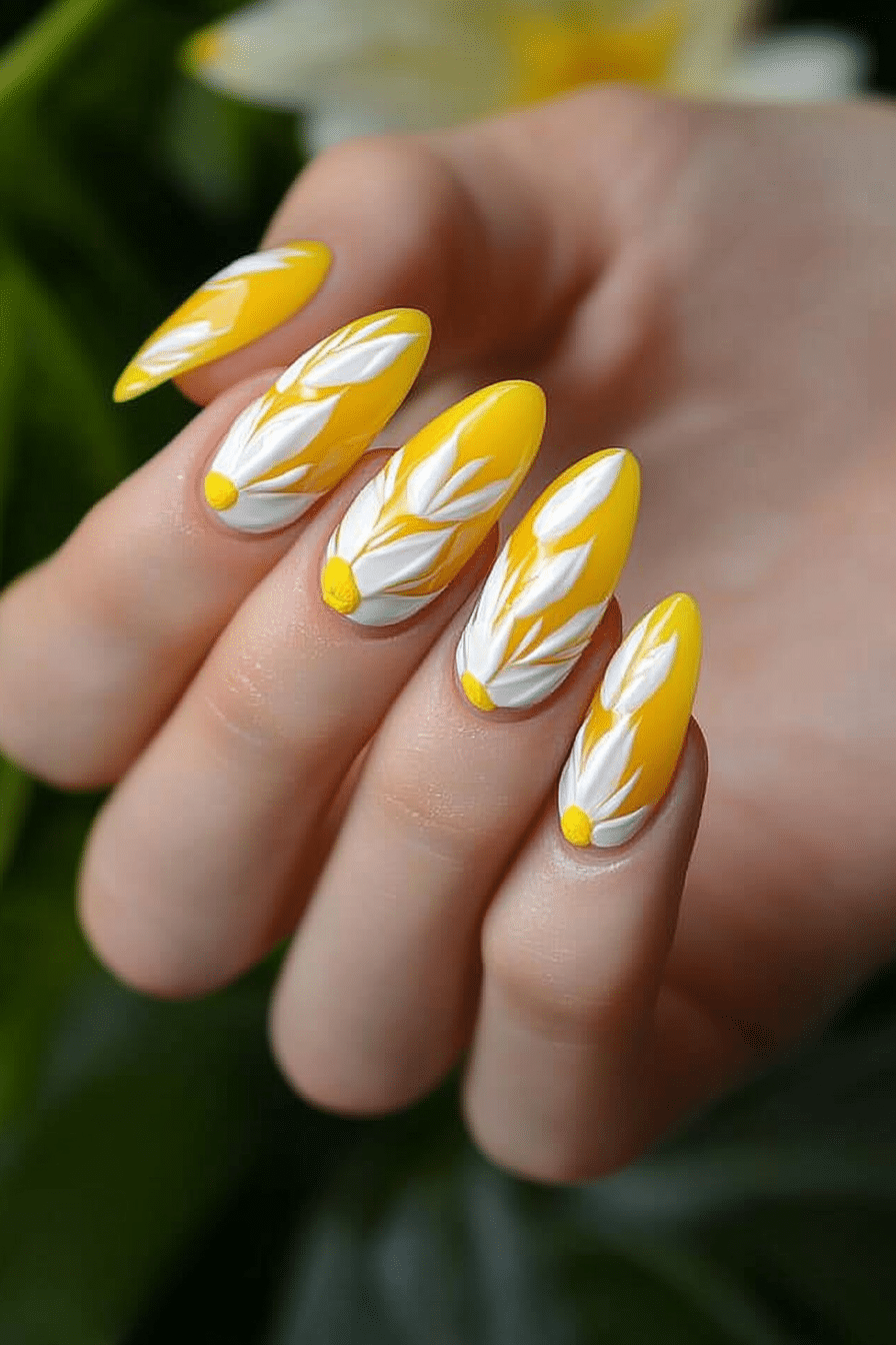 25. Petal Burst Charm (Yellow And White Nail Design Ideas) - Yellow And White Nail Design Ideas