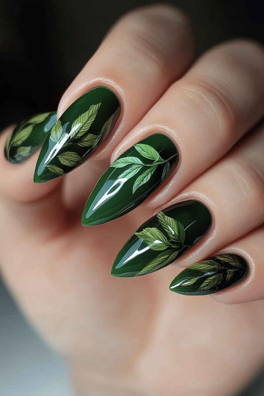 3. Jungle Leaf Detailing (Green Nail Design Ideas) - Green Nail Design Ideas