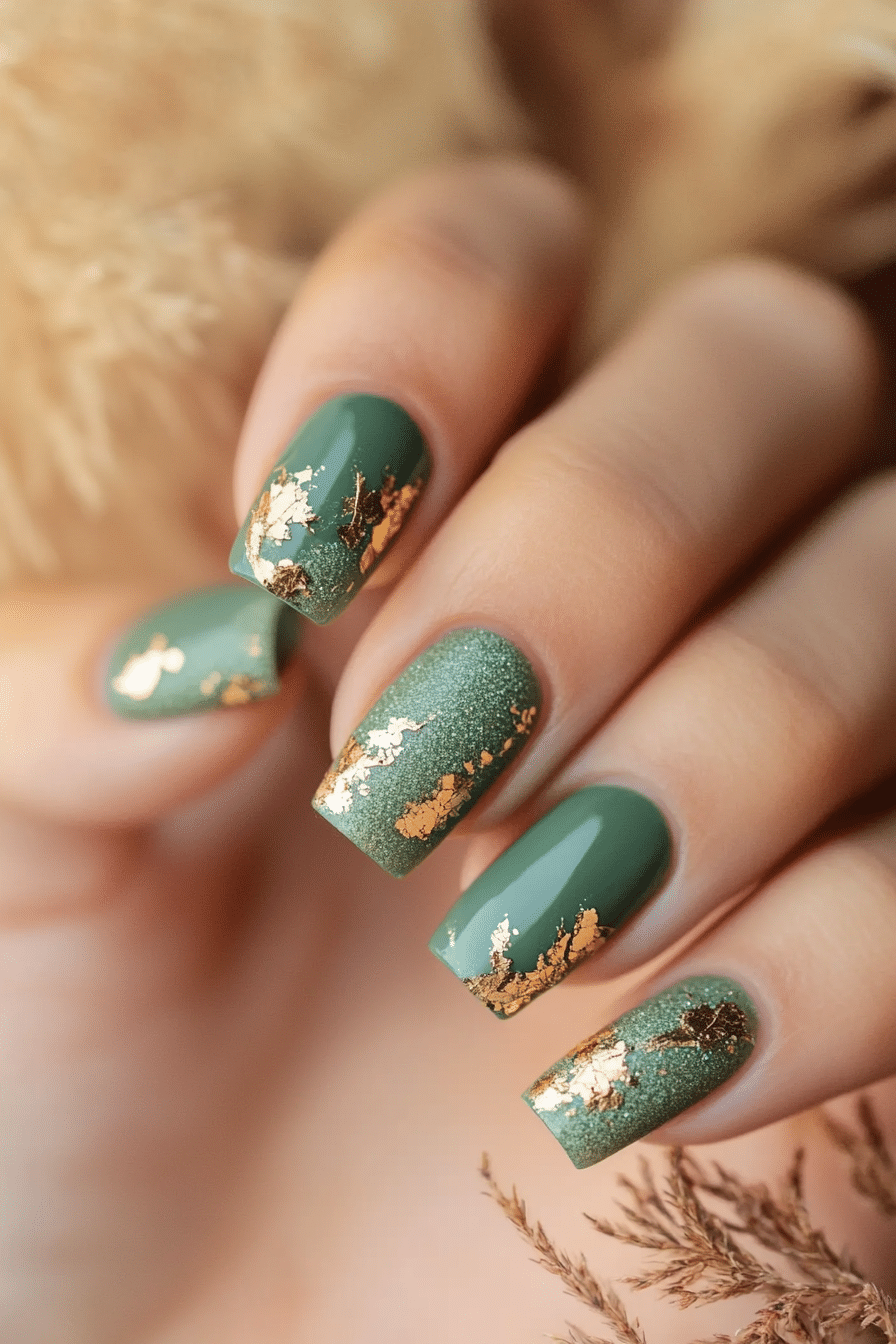 5. Sage and Gold Flakes (Green Nail Design Ideas) - Green Nail Design Ideas