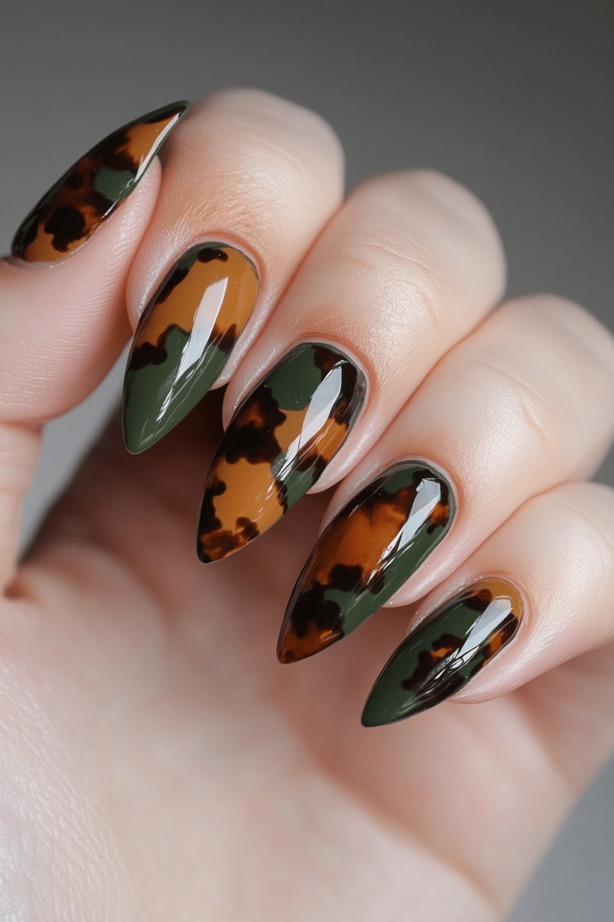 8. Olive Tortoiseshell Fusion (Green Nail Design Ideas) - Green Nail Design Ideas