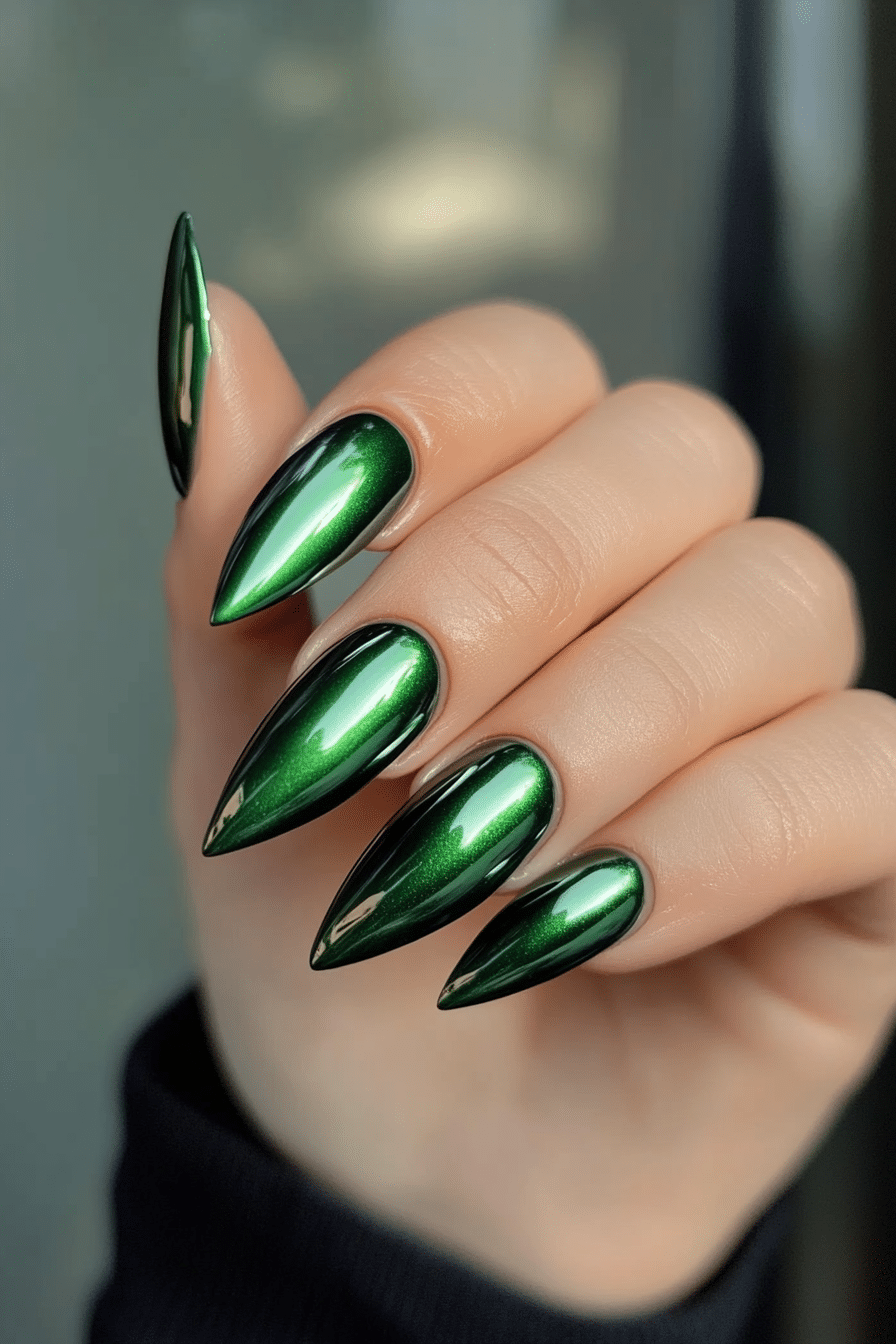 23. Metallic Evergreen Shine (Green Nail Design Ideas) - Green Nail Design Ideas