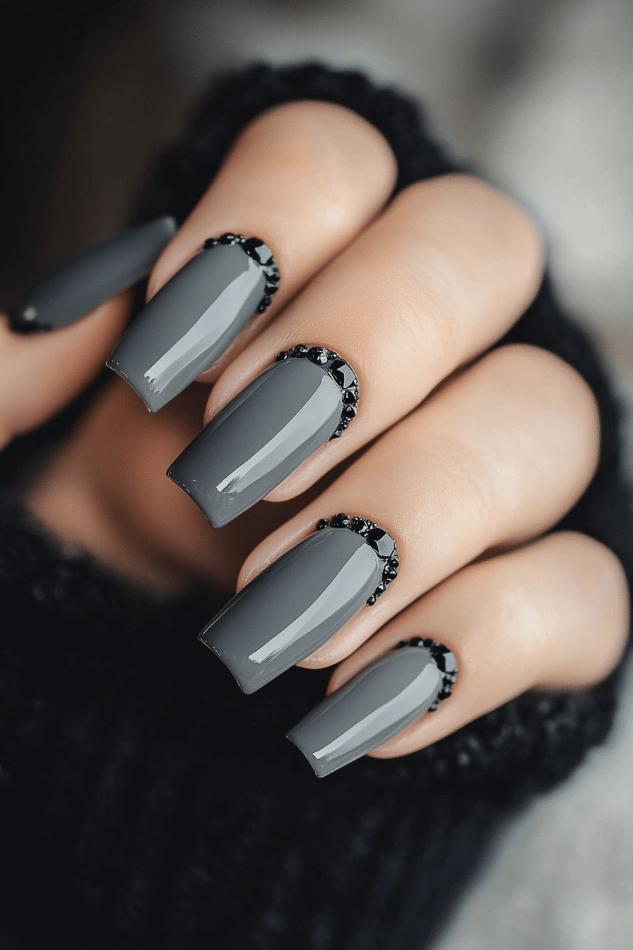 7. Ash Grey Gloss with Studs (Grey Coffin Nail Design Ideas) - Grey Coffin Nail Design Ideas