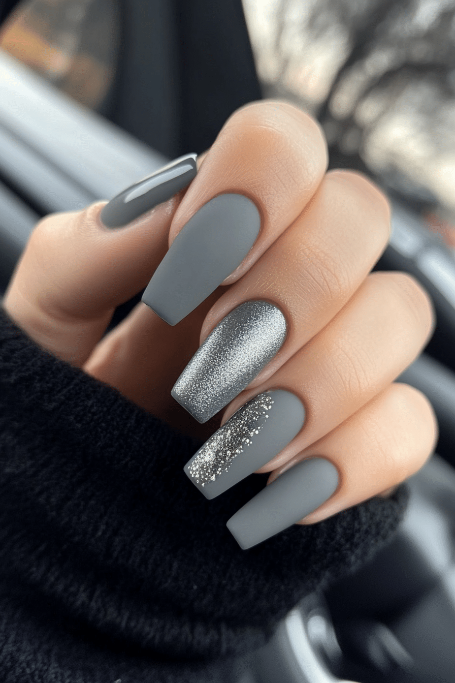 9. Cement Chic (Grey Coffin Nail Design Ideas) - Grey Coffin Nail Design Ideas