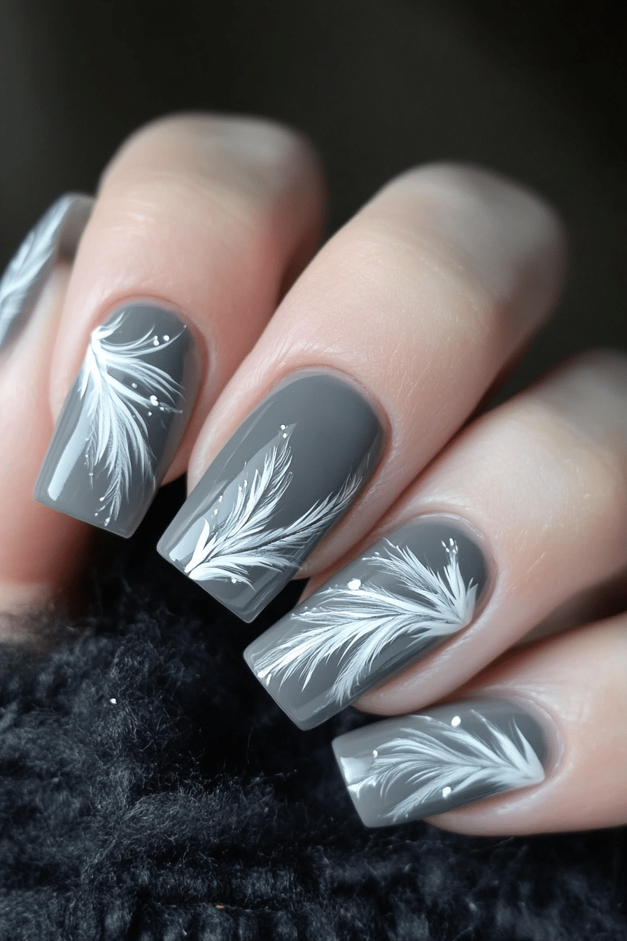10. Feathered Grey Smoke (Grey Coffin Nail Design Ideas) - Grey Coffin Nail Design Ideas