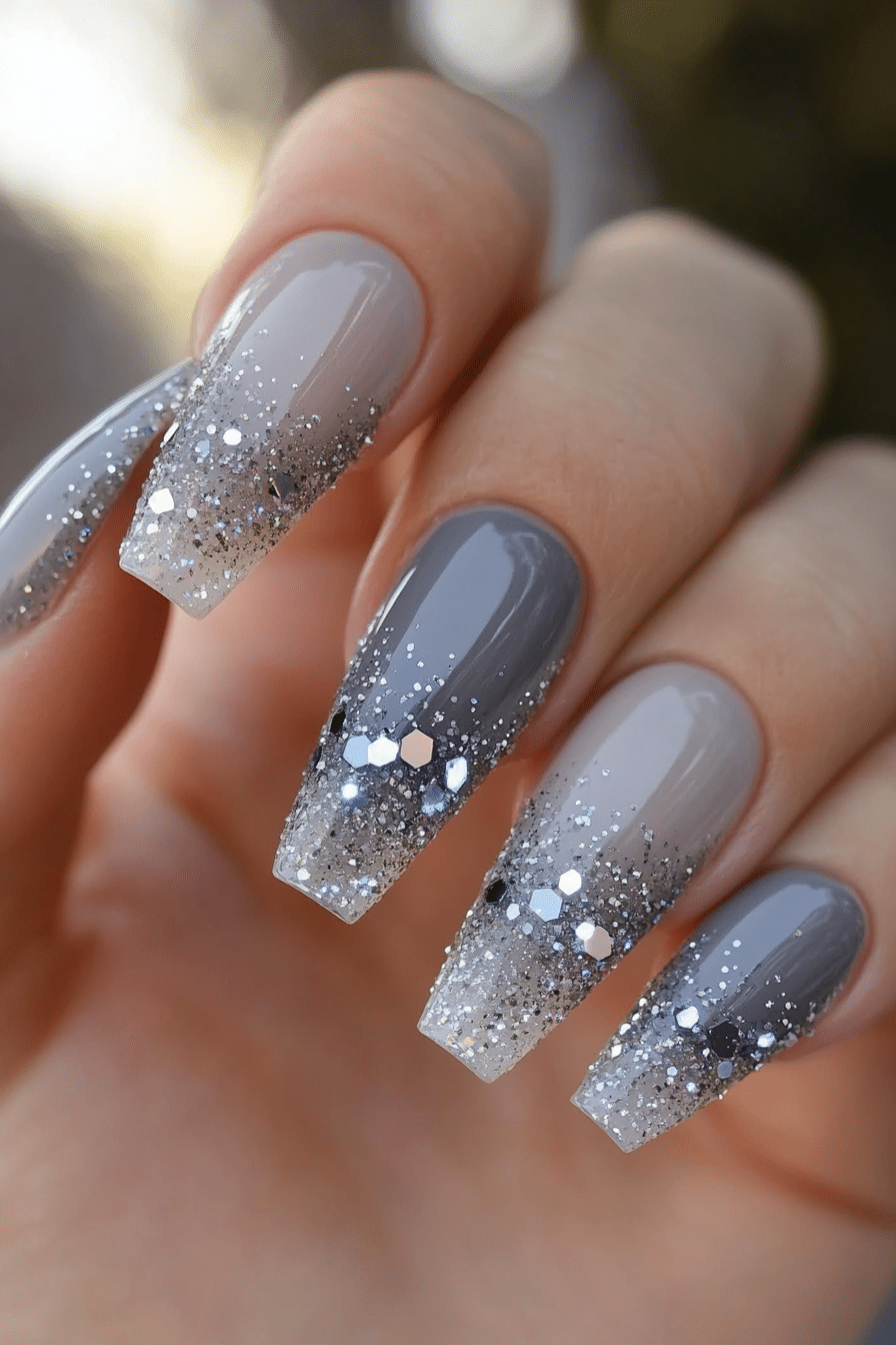 11. Granite Crystal Mix (Grey Coffin Nail Design Ideas) - Grey Coffin Nail Design Ideas