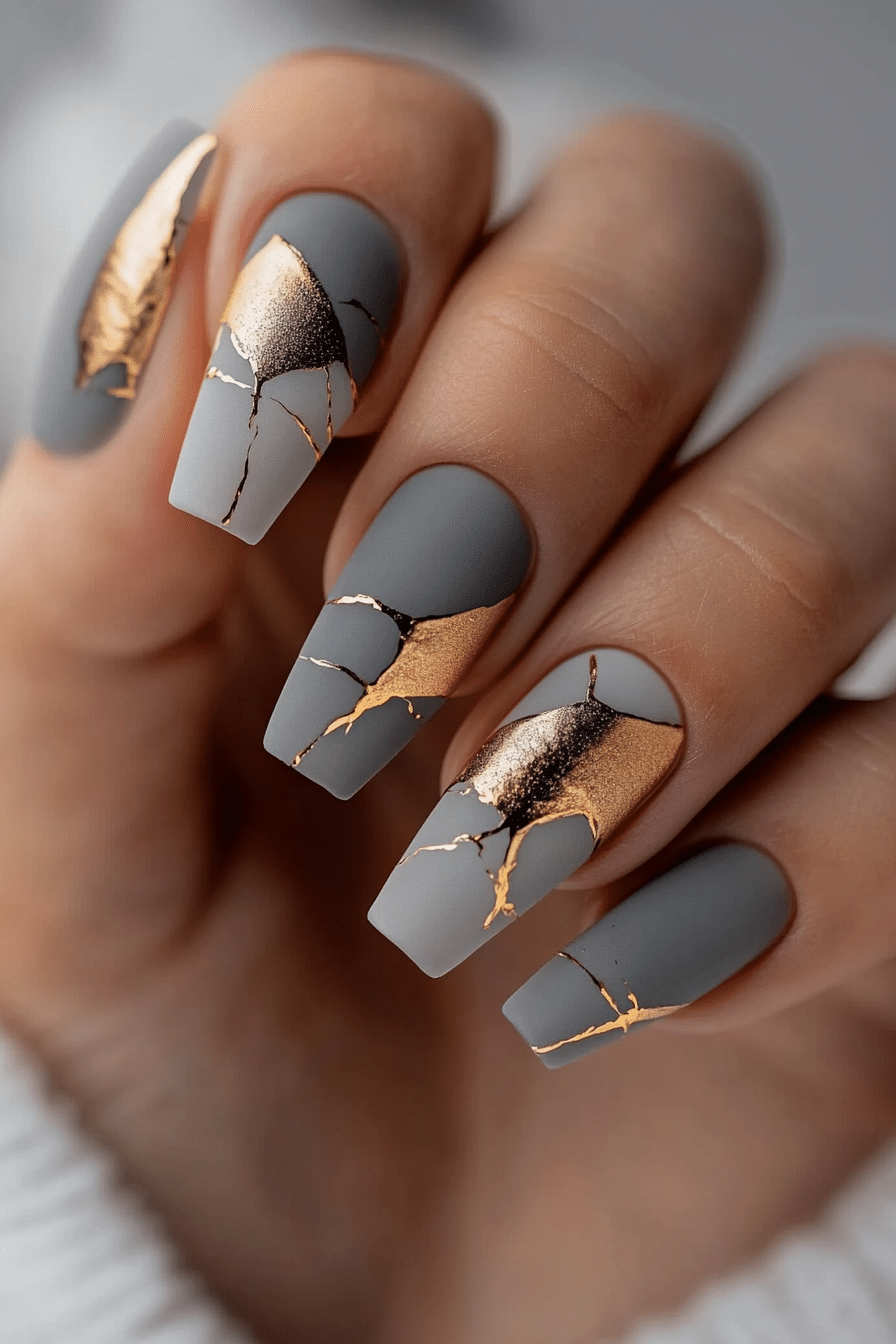12. Gilded Slate Art (Grey Coffin Nail Design Ideas) - Grey Coffin Nail Design Ideas