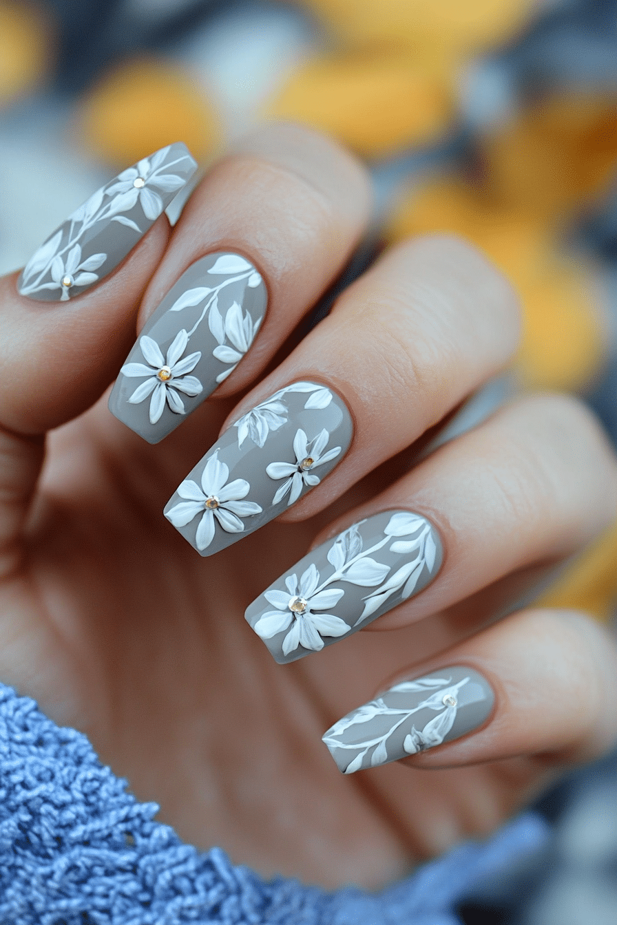 13. Soft Greystone Bloom (Grey Coffin Nail Design Ideas) - Grey Coffin Nail Design Ideas