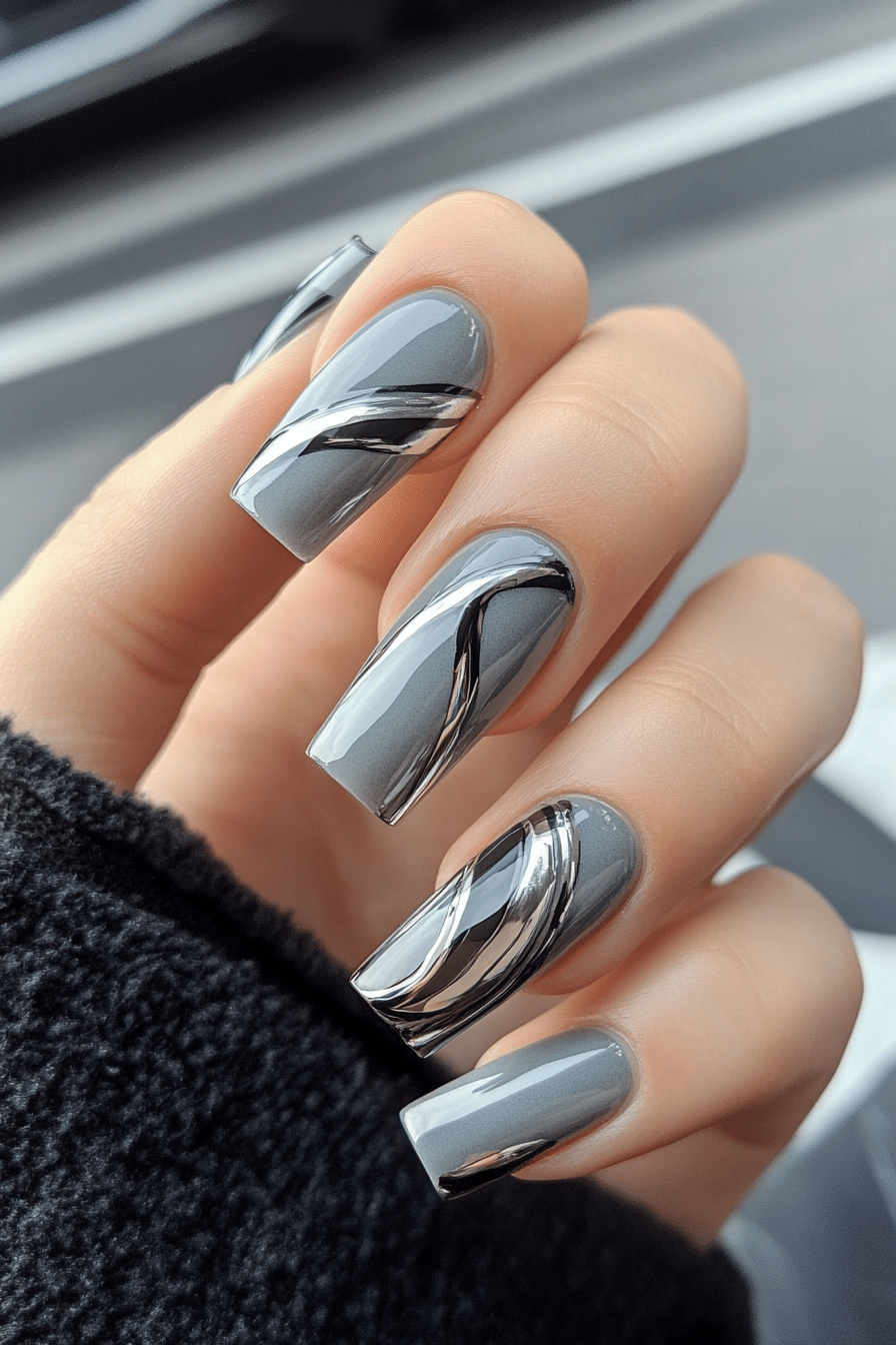 14. Muted Chrome Mist (Grey Coffin Nail Design Ideas) - Grey Coffin Nail Design Ideas