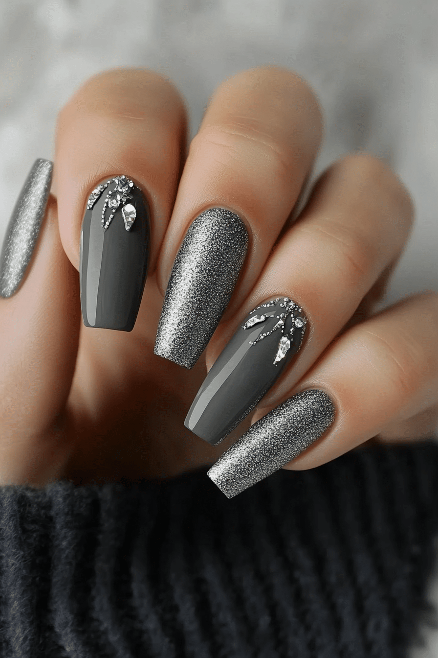 17. Concrete Jungle Luxe (Grey Coffin Nail Design Ideas) - Grey Coffin Nail Design Ideas