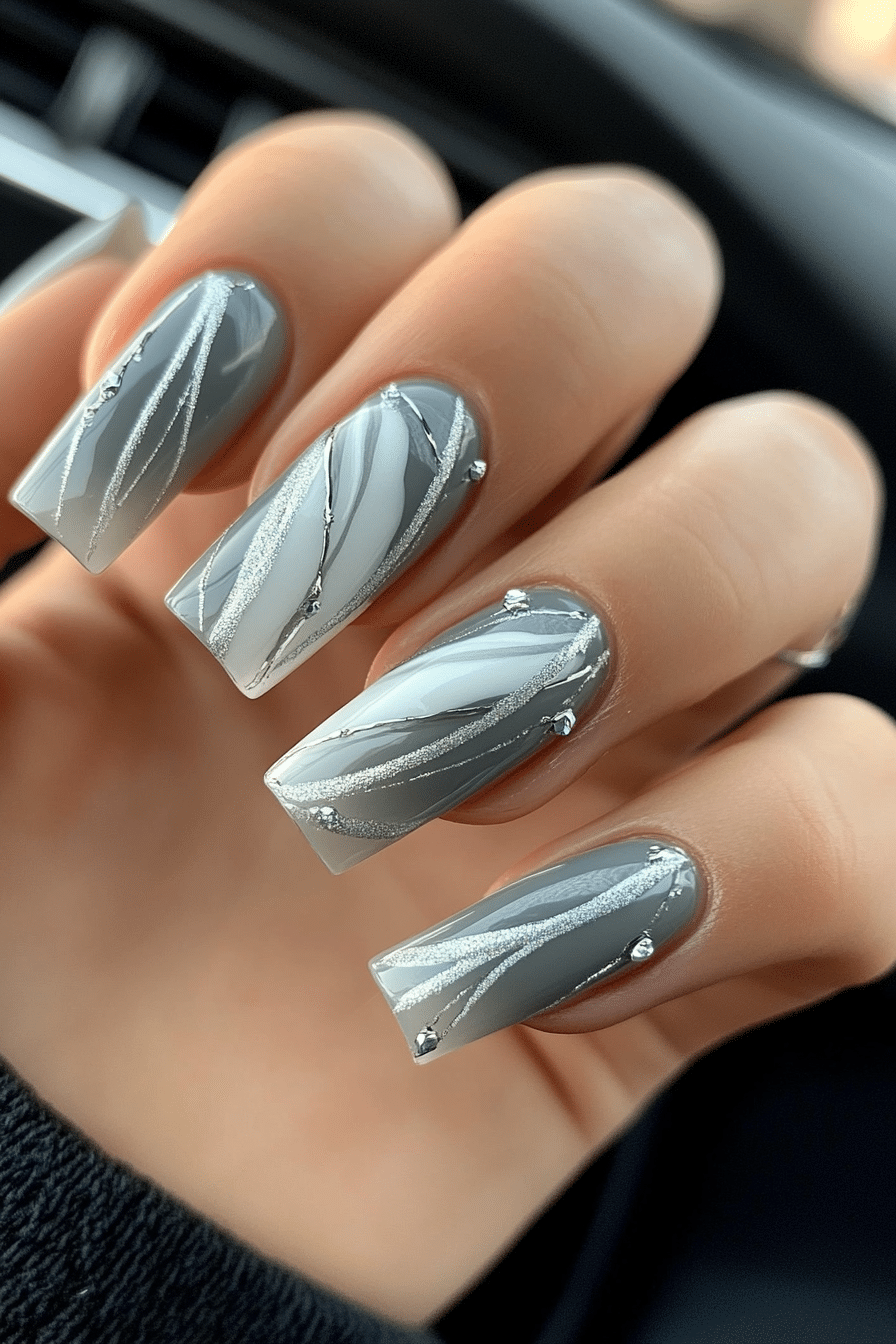19. Silken Grey Wave (Grey Coffin Nail Design Ideas) - Grey Coffin Nail Design Ideas