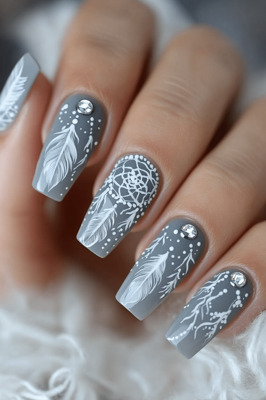 21. Dove Grey Dreamcatcher (Grey Coffin Nail Design Ideas) - Grey Coffin Nail Design Ideas