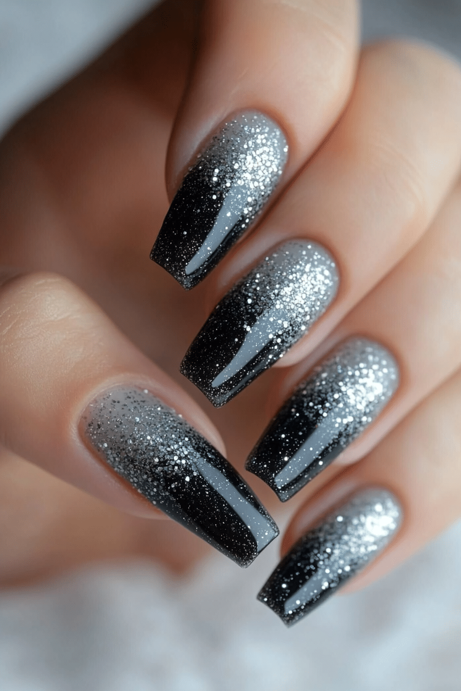22. Stormy Glitter Fade (Grey Coffin Nail Design Ideas) - Grey Coffin Nail Design Ideas