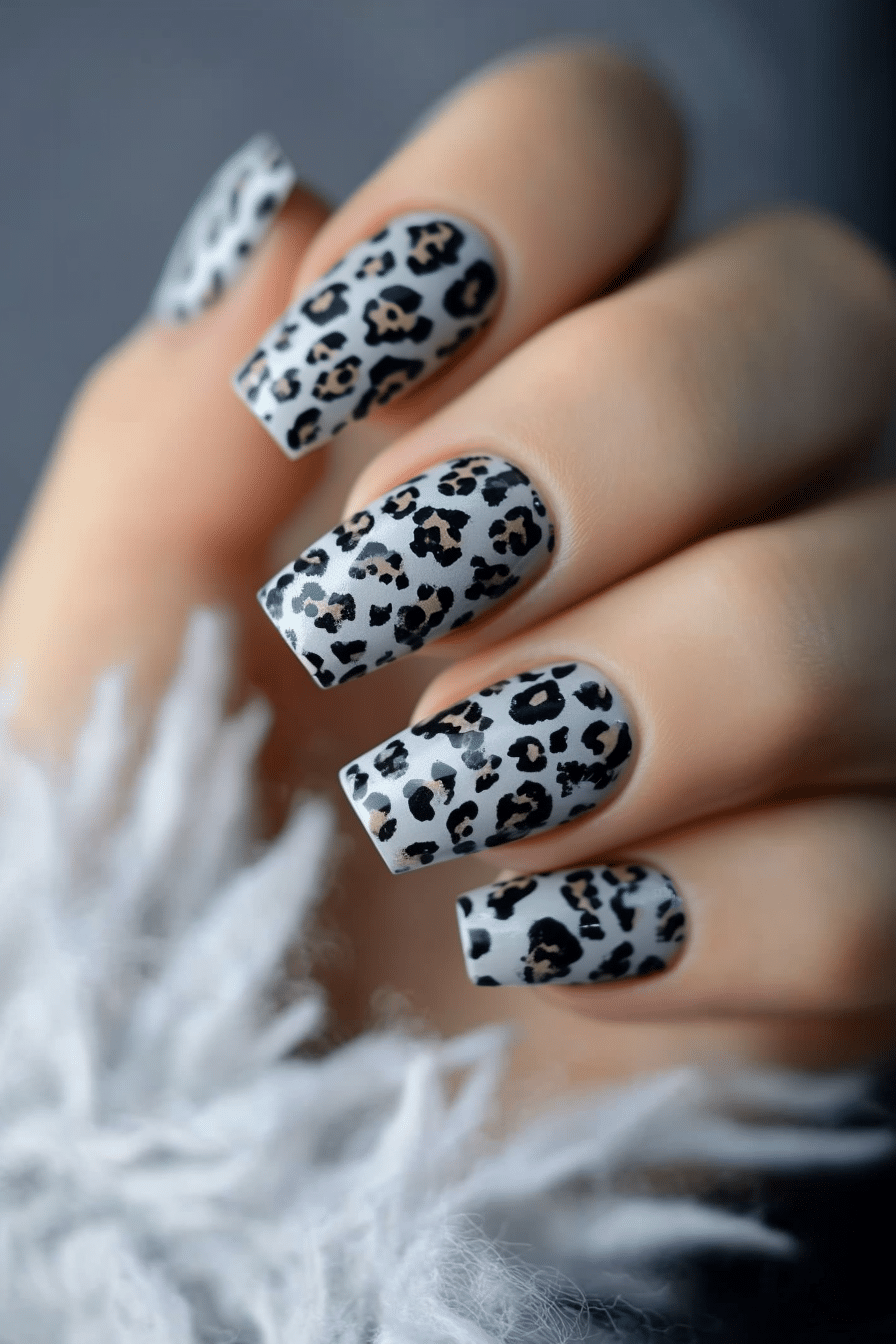 23. Grey Leopard Luxe (Grey Coffin Nail Design Ideas) - Grey Coffin Nail Design Ideas
