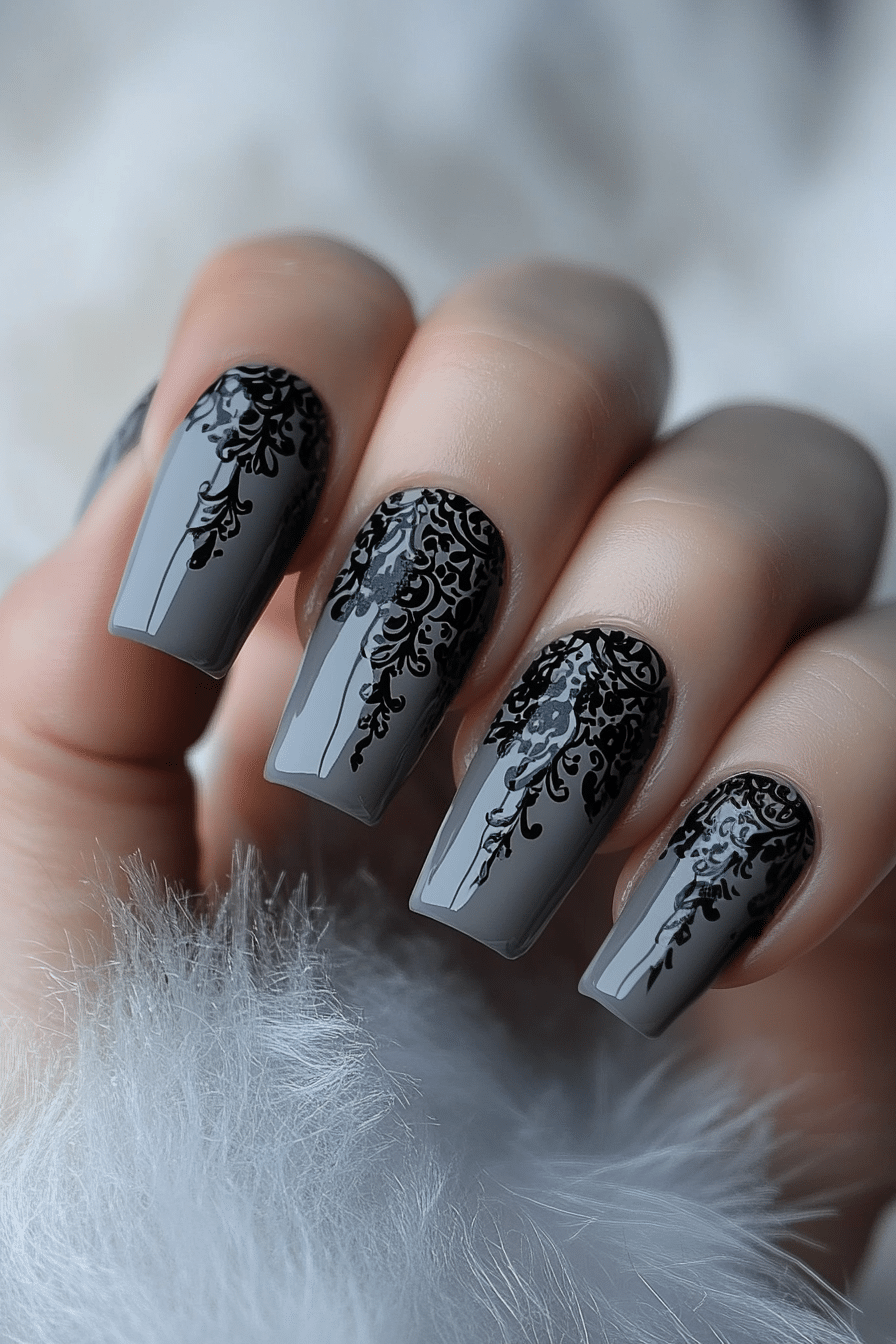 24. Shadow Lace (Grey Coffin Nail Design Ideas) - Grey Coffin Nail Design Ideas