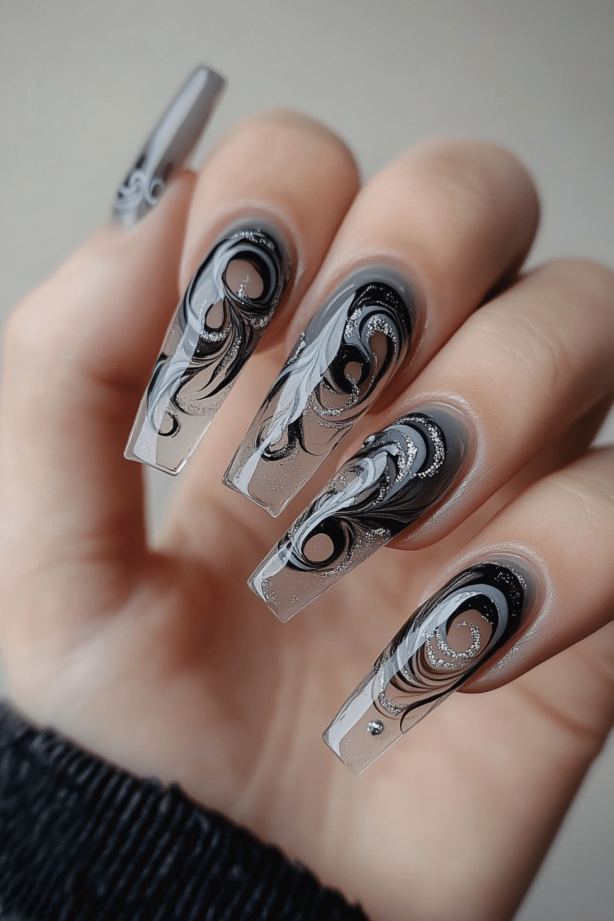 25. Urban Smoke Illusion (Grey Coffin Nail Design Ideas) - Grey Coffin Nail Design Ideas