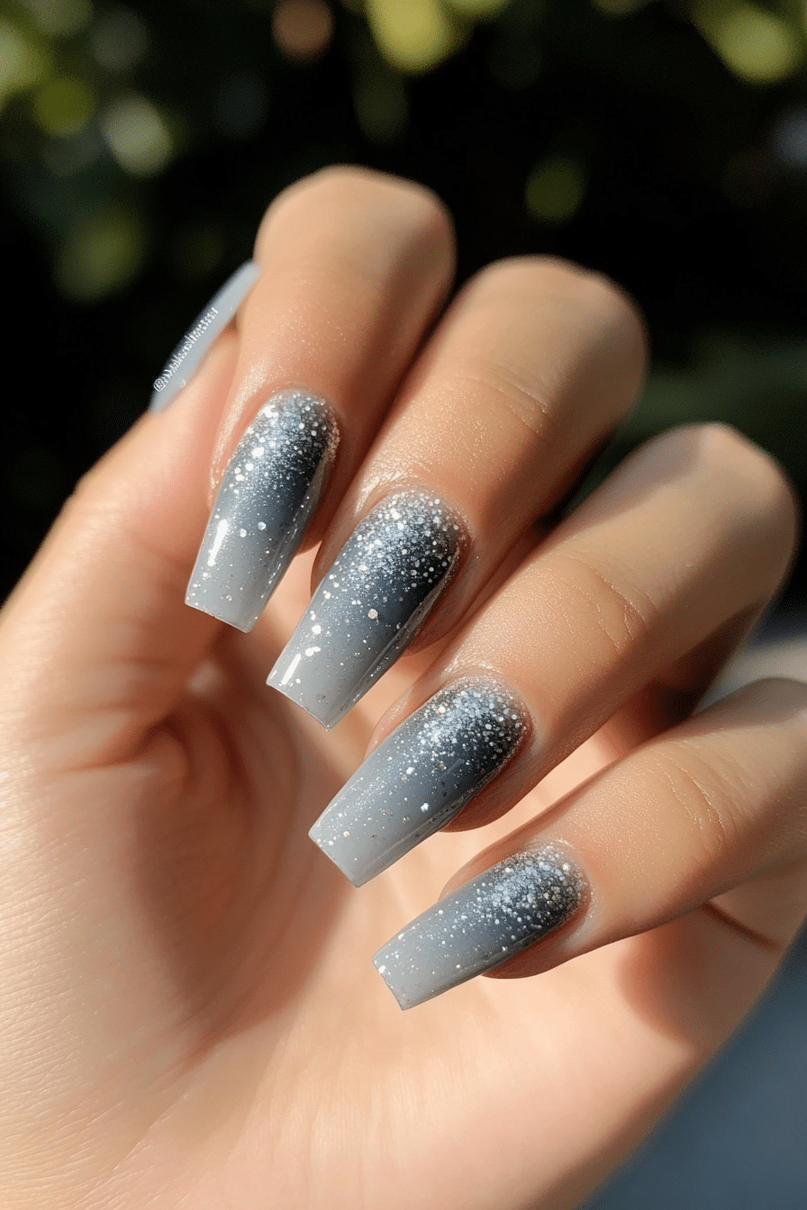 26. Silver-Dusted Fog (Grey Coffin Nail Design Ideas) - Grey Coffin Nail Design Ideas