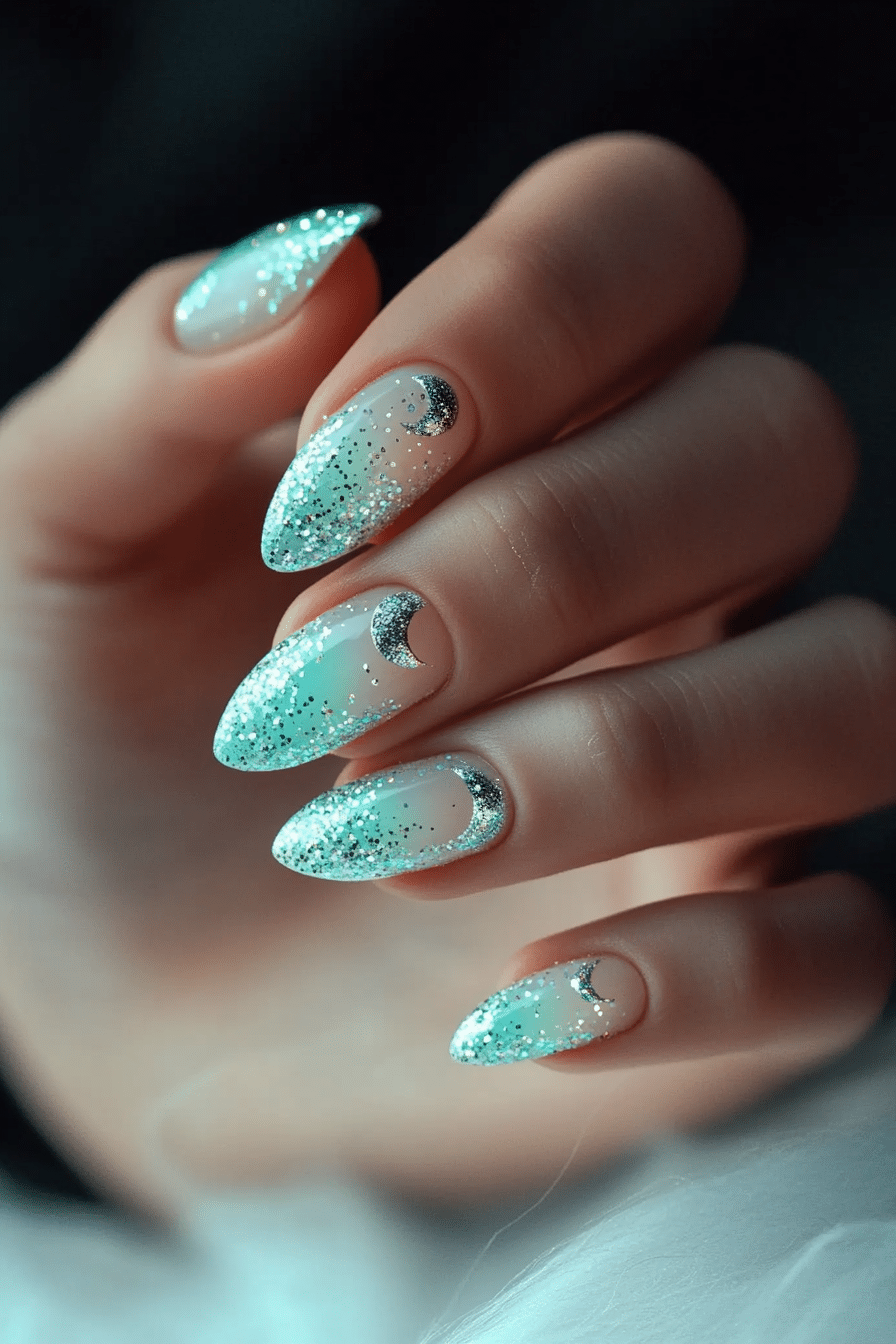 8. Minted Moonlight (Glitter Sparkle Nail Design Ideas) - Glitter Sparkle Nail Design Ideas