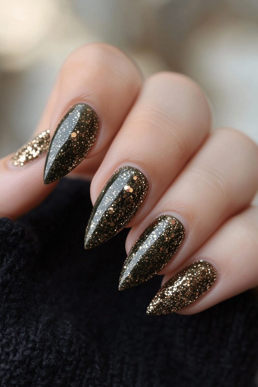 9. Golden Olive Luxe (Glitter Sparkle Nail Design Ideas) - Glitter Sparkle Nail Design Ideas