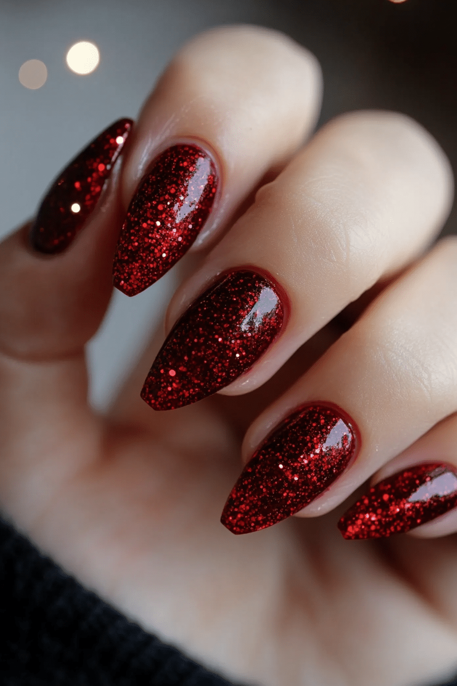 11. Crimson Shimmer Veil (Glitter Sparkle Nail Design Ideas) - Glitter Sparkle Nail Design Ideas