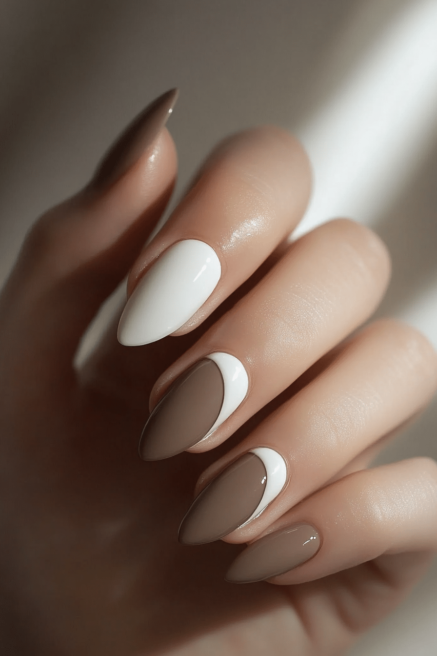 18. Taupe and White Half-Moon Design (Nail Design Ideas For Work) - Nail Design Ideas For Work