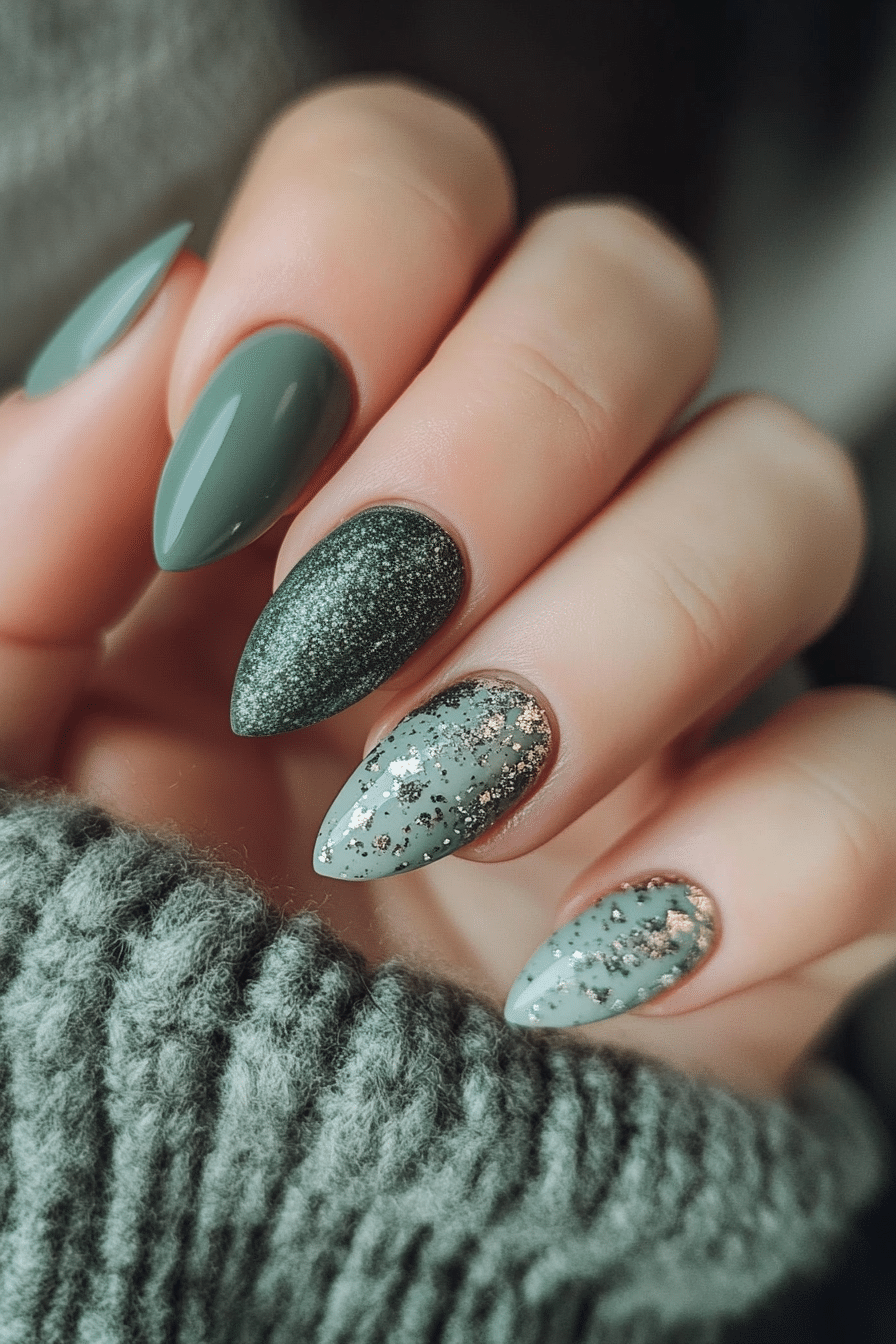 16. Sage and Silver Speckle (Almond Nail Design Ideas) - Almond Nail Design Ideas