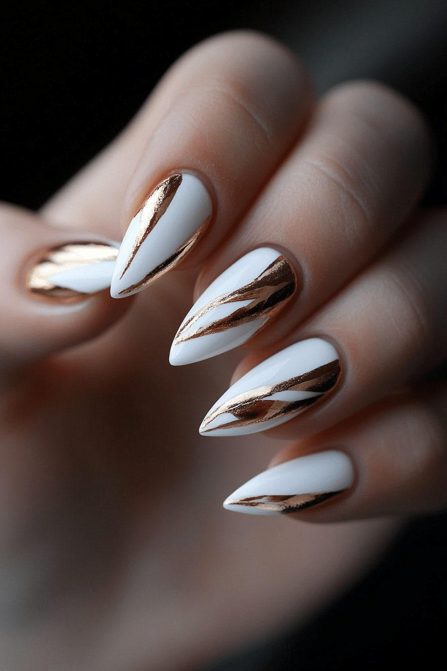 23. Bronze Brushstroke Art (Almond Nail Design Ideas) - Almond Nail Design Ideas