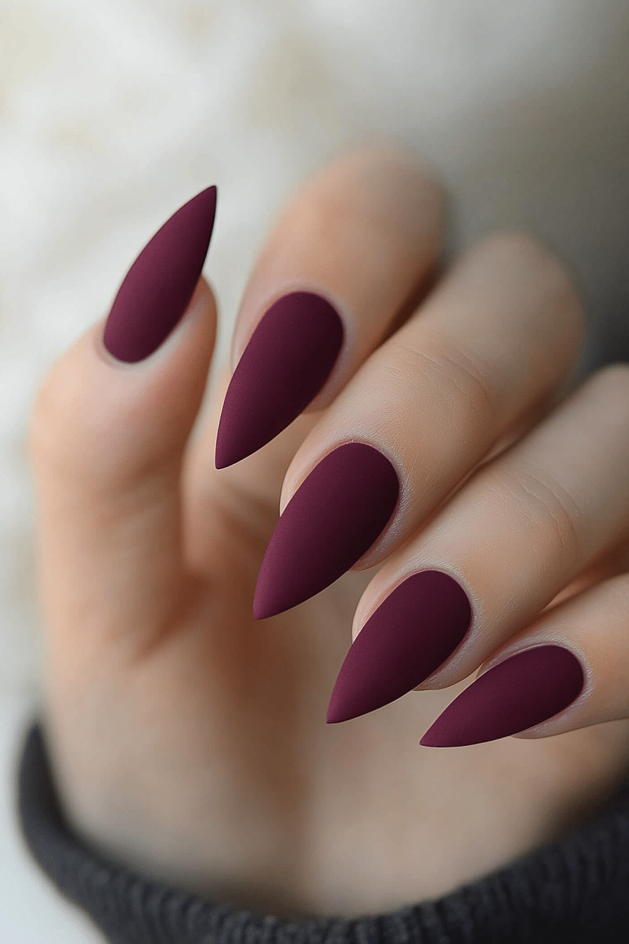 24. Mulberry Velvet Coat (Almond Nail Design Ideas) - Almond Nail Design Ideas