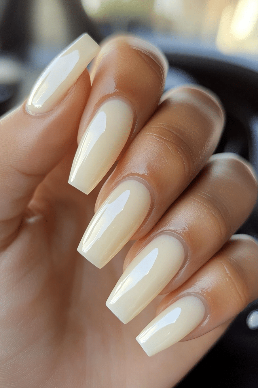 1. Glossy Light Beige Elegance (Coffin Nail Design Ideas) - Coffin Nail Design Ideas