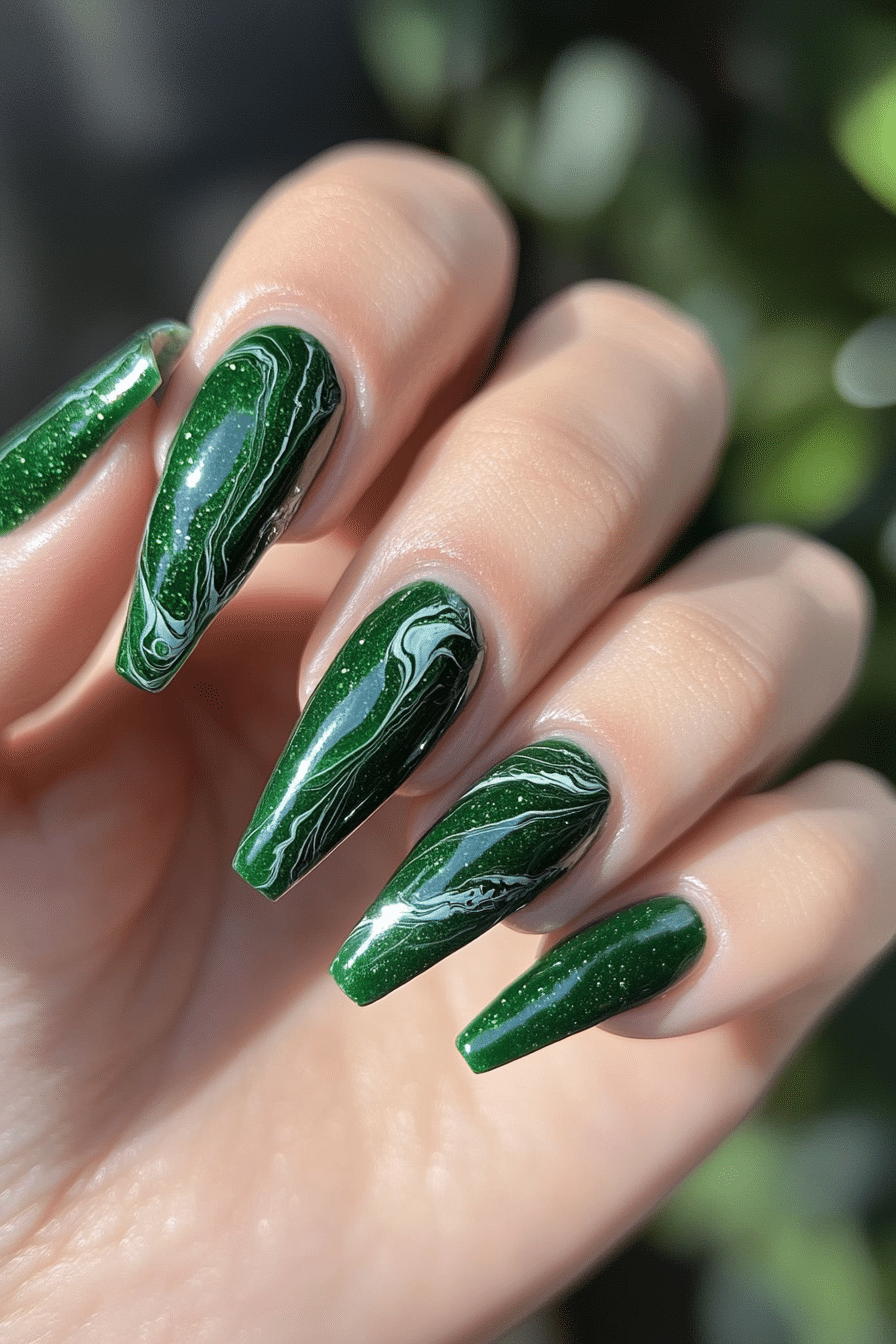 2. Moss Green Marble Swirl (Coffin Nail Design Ideas) - Coffin Nail Design Ideas