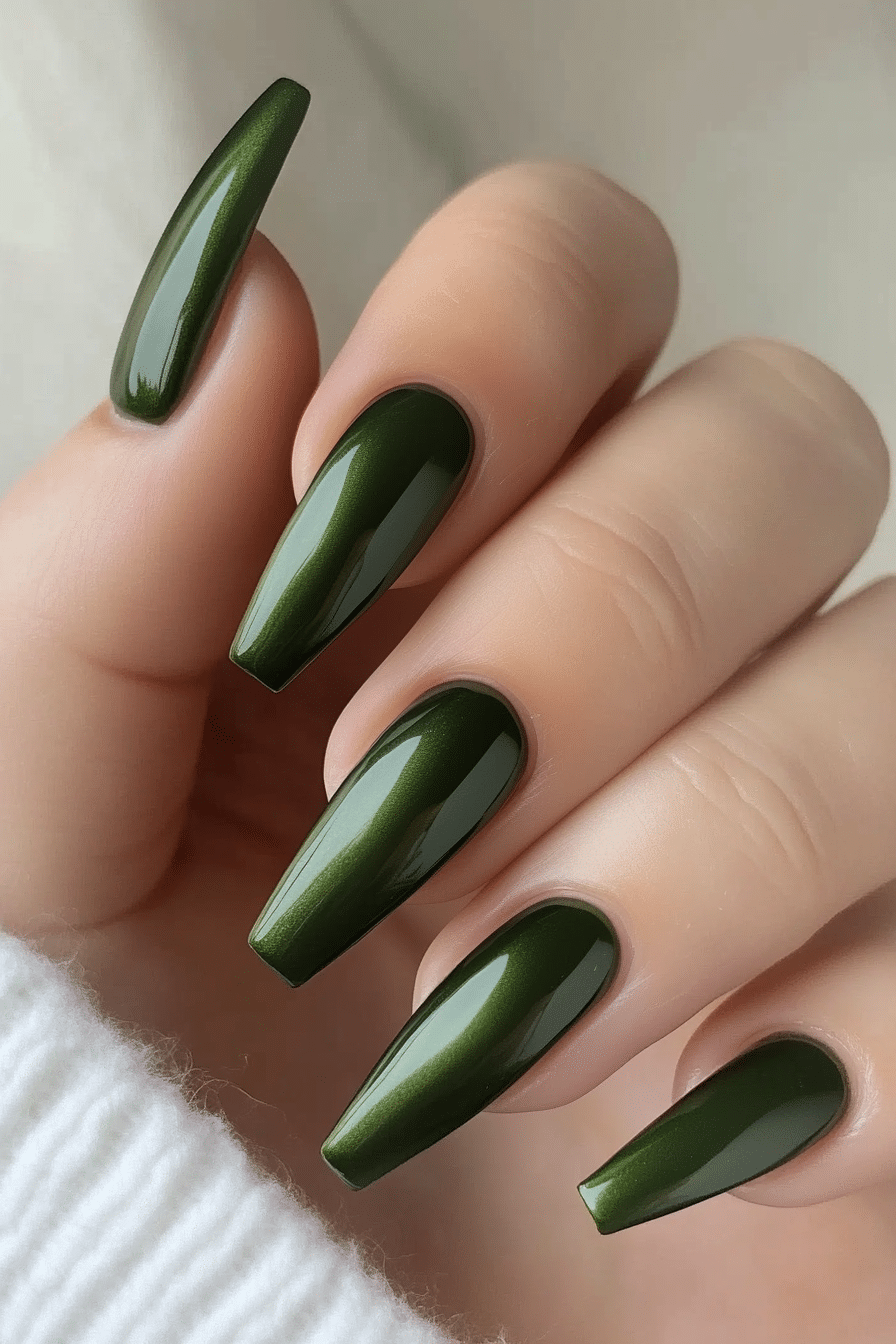 9. Olive Green Velvet Nails (Coffin Nail Design Ideas) - Coffin Nail Design Ideas