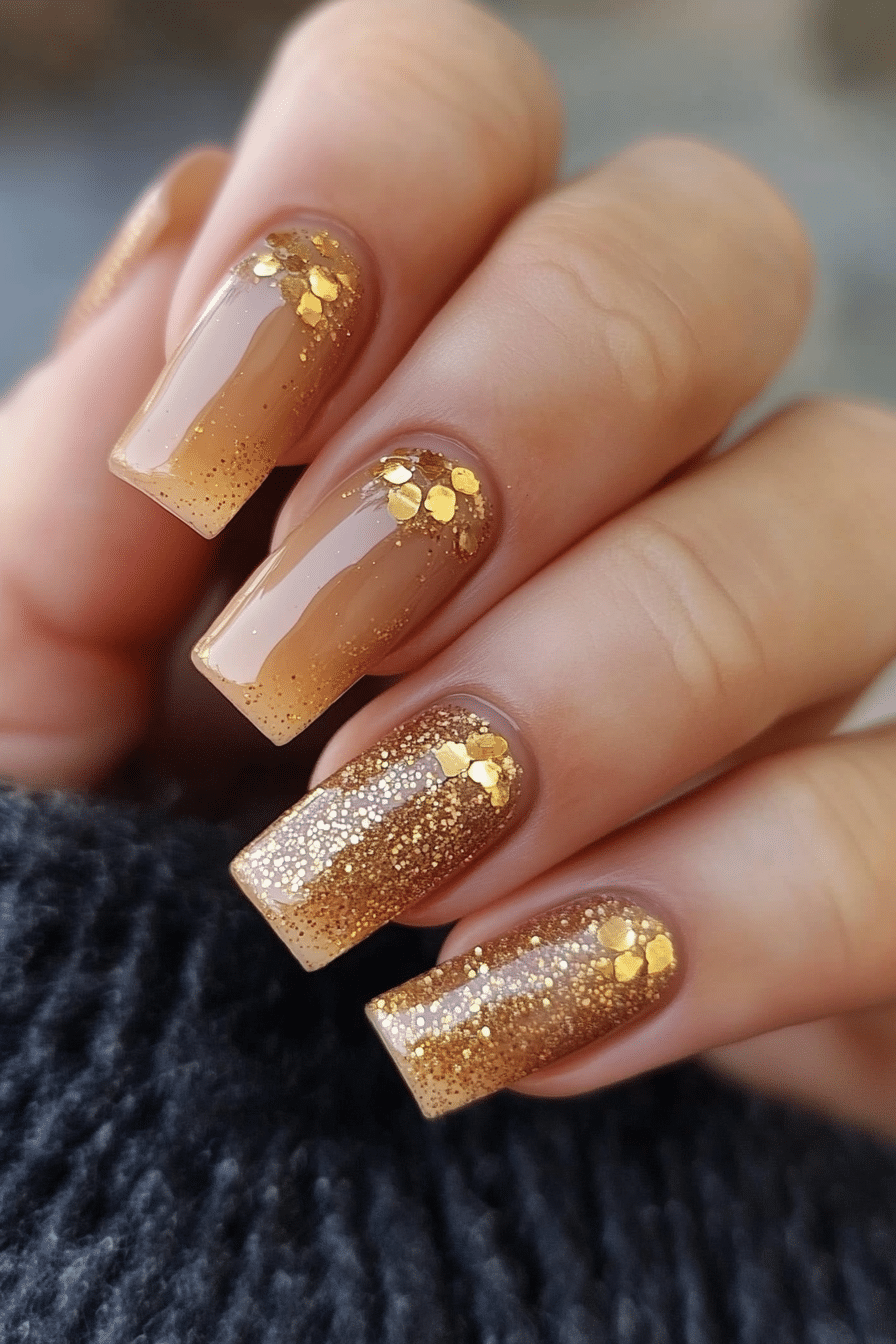 13. Golden Hour Sparkle (Coffin Nail Design Ideas) - Coffin Nail Design Ideas