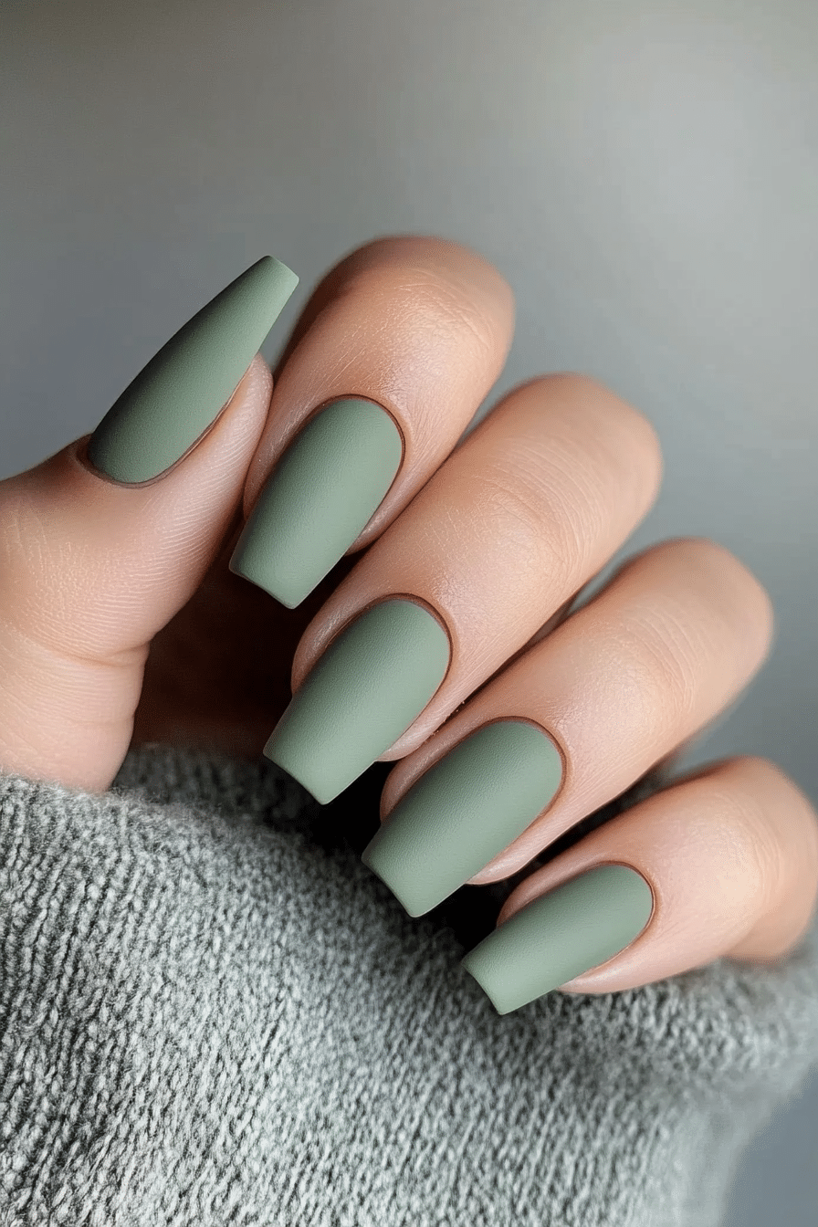 14. Muted Sage Green Matte (Coffin Nail Design Ideas) - Coffin Nail Design Ideas
