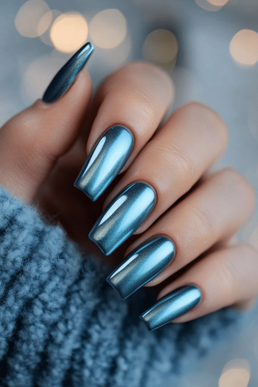 15. Steel Blue Shine (Coffin Nail Design Ideas) - Coffin Nail Design Ideas