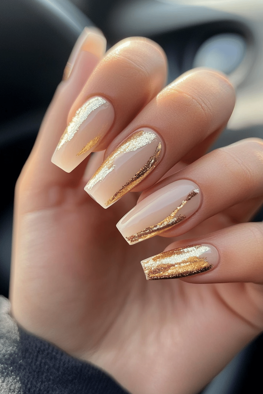 16. Light Beige and Gold Foil (Coffin Nail Design Ideas) - Coffin Nail Design Ideas
