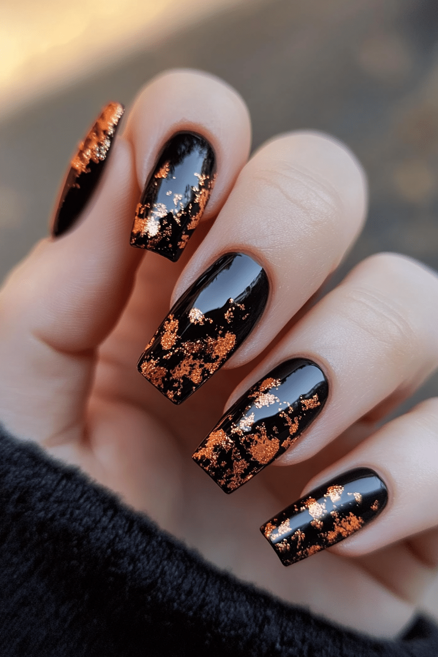20. Charcoal and Copper Flakes (Coffin Nail Design Ideas) - Coffin Nail Design Ideas