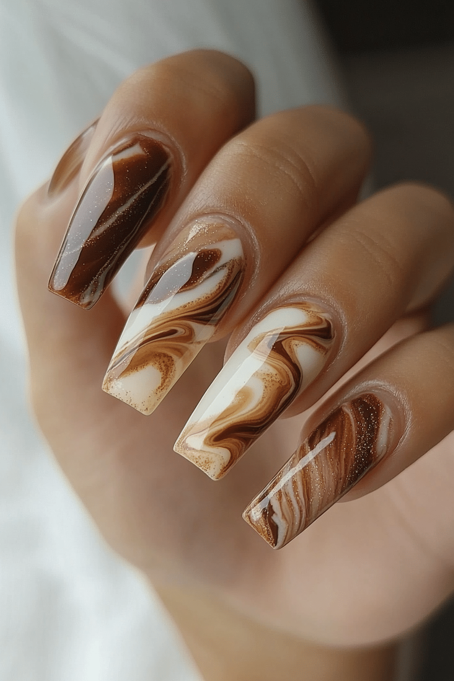 23. Cinnamon Swirl Marble (Coffin Nail Design Ideas) - Coffin Nail Design Ideas