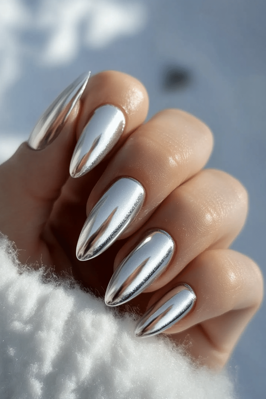 1. Icy Silver Sheen (Winter Almond Nail Design Ideas) - Winter Almond Nail Design Ideas