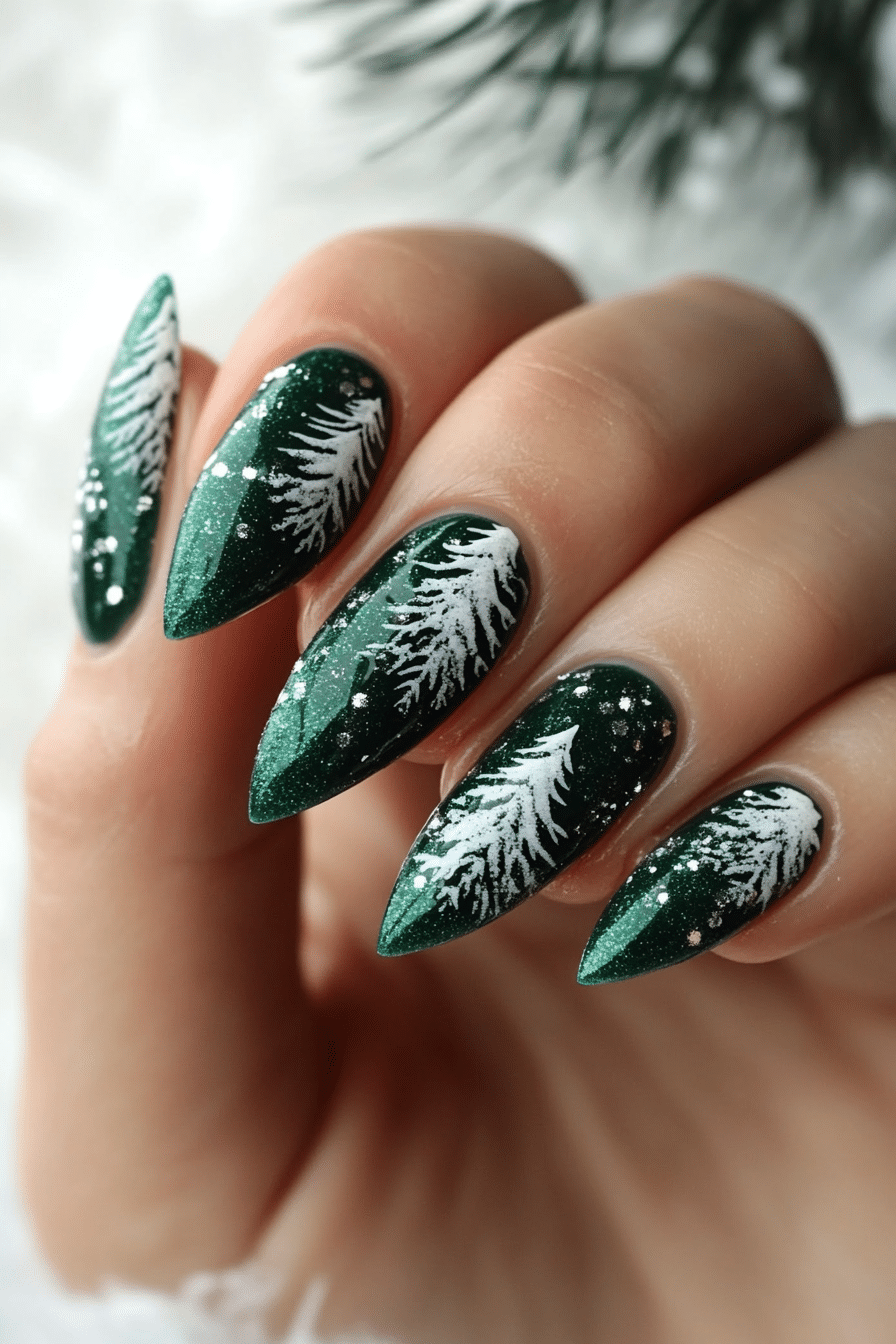 3. Frosted Evergreen (Winter Almond Nail Design Ideas) - Winter Almond Nail Design Ideas