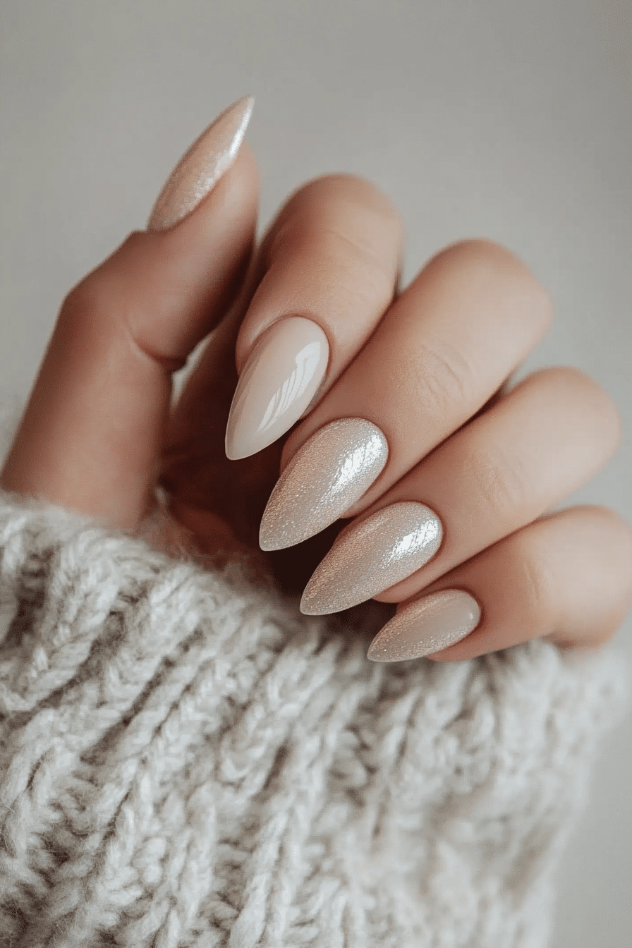 8. Champagne Frost (Winter Almond Nail Design Ideas) - Winter Almond Nail Design Ideas