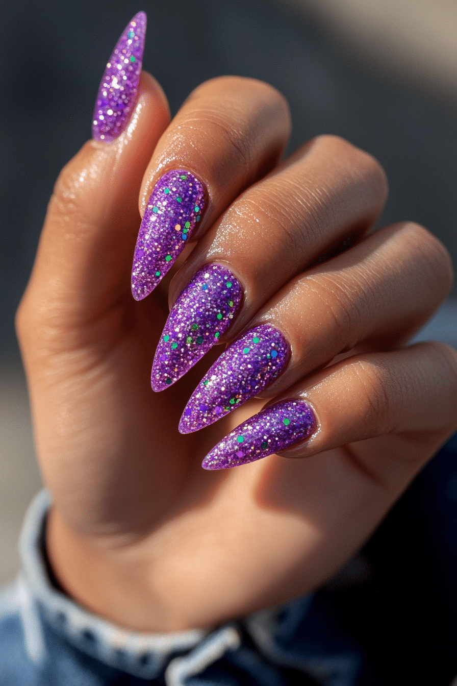 23. Heather Purple Confetti Sparkle (Purple Nail Design Ideas) - Purple Nail Design Ideas