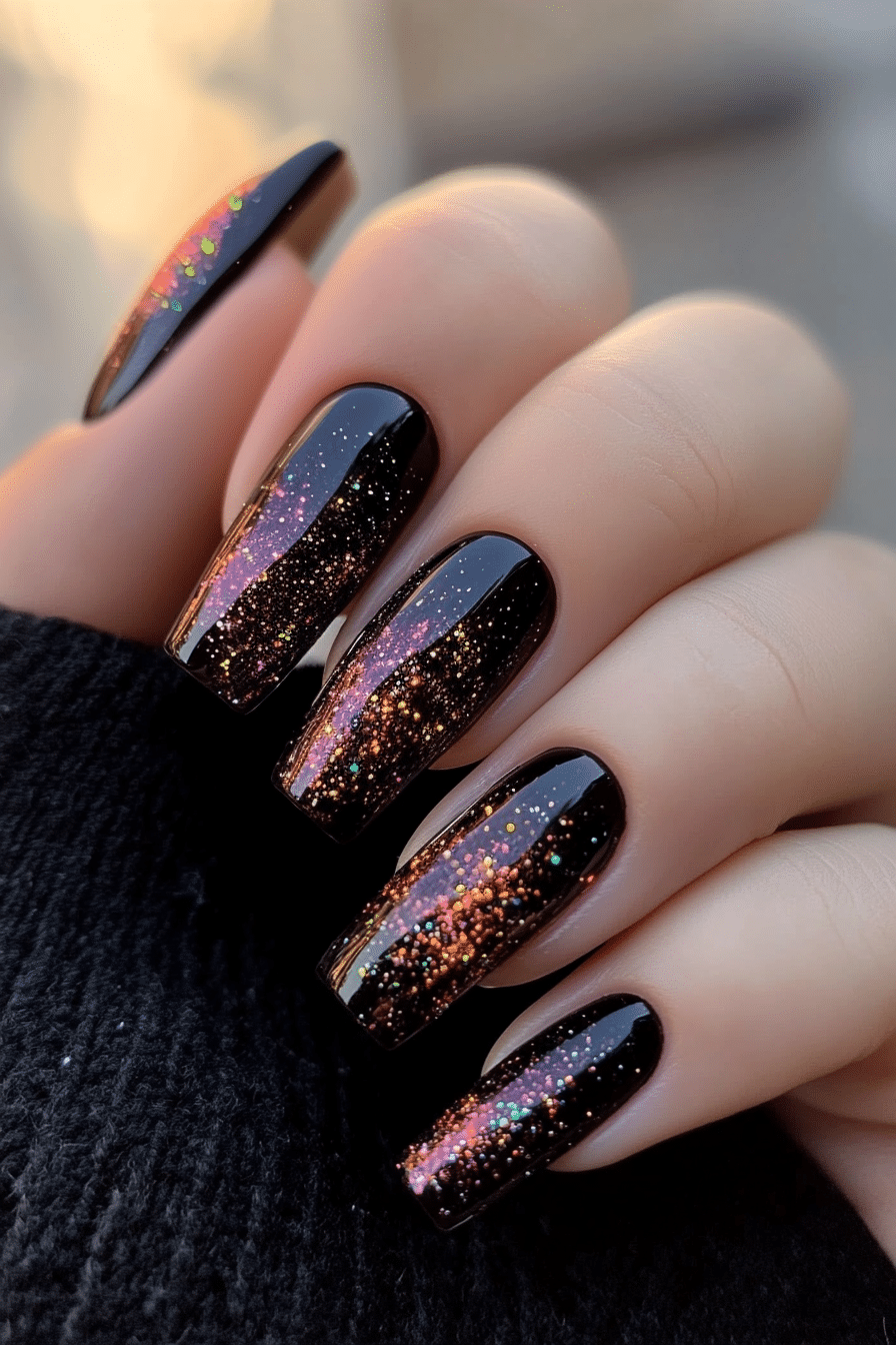 2. Black Galaxy Sparkle (Short Black Coffin Nail Design Ideas) - Short Black Coffin Nail Design Ideas