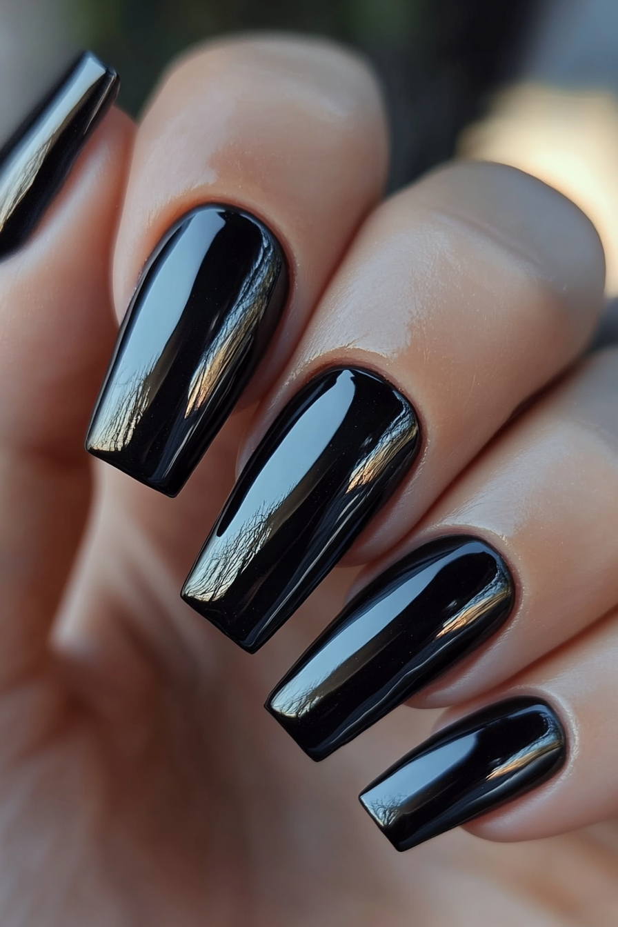 4. Glossy Charcoal Chrome (Short Black Coffin Nail Design Ideas) - Short Black Coffin Nail Design Ideas